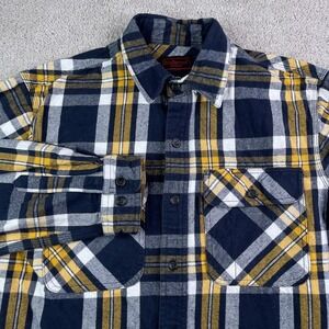 Five Brother Shirt Men Medium Blue Yellow Plaid Heavy Flannel Button Up Workwear